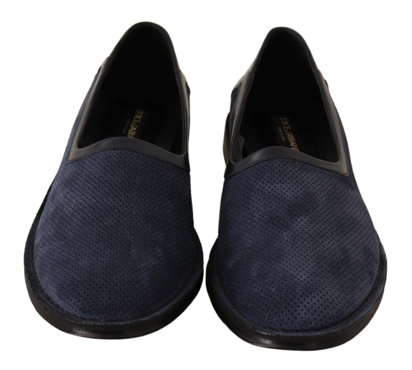 Dolce &amp; Gabbana Blaue perforierte Slip-On-Slipper aus Leder