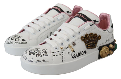 Dolce &amp; Gabbana Weißes Leder Crystal Queen Crown Sneakers Schuhe