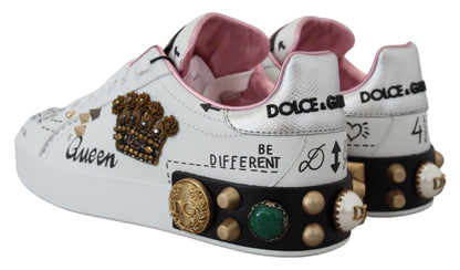 Dolce &amp; Gabbana Weißes Leder Crystal Queen Crown Sneakers Schuhe