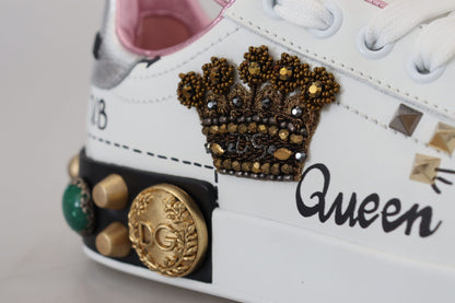 Dolce &amp; Gabbana Weißes Leder Crystal Queen Crown Sneakers Schuhe