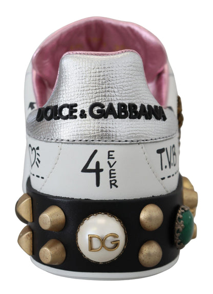 Dolce &amp; Gabbana Weißes Leder Crystal Queen Crown Sneakers Schuhe