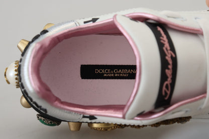 Dolce &amp; Gabbana Weißes Leder Crystal Queen Crown Sneakers Schuhe