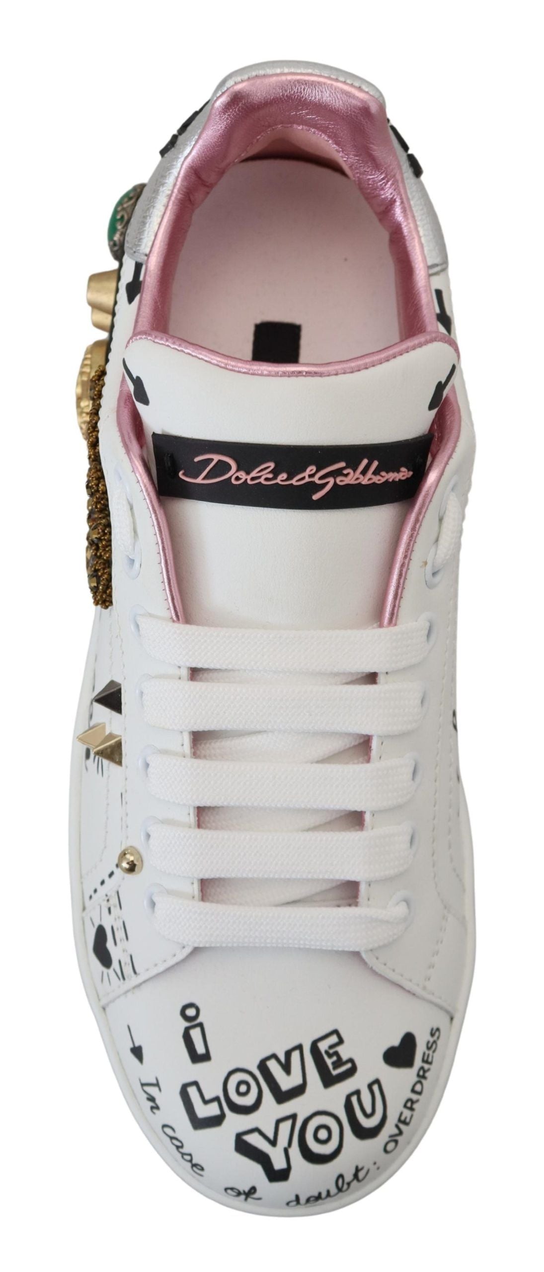 Dolce &amp; Gabbana Weißes Leder Crystal Queen Crown Sneakers Schuhe