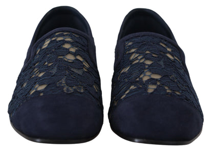 Dolce &amp; Gabbana Blue Floral Lace Slip Ons Loafers Flats Schuhe