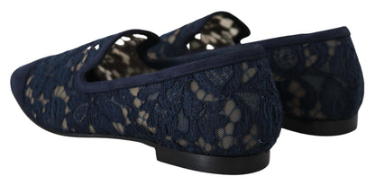 Dolce &amp; Gabbana Blue Floral Lace Slip Ons Loafers Flats Schuhe