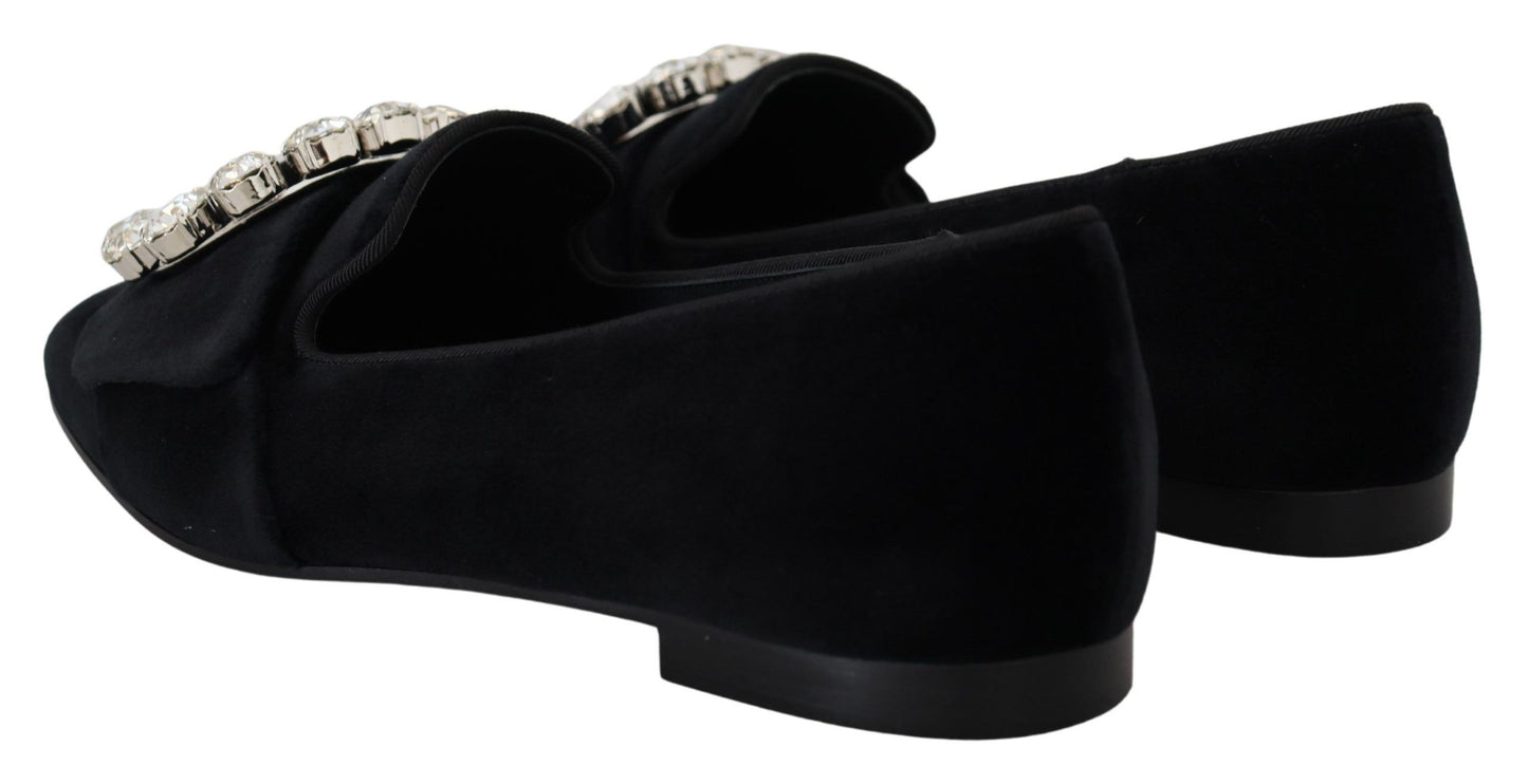 Dolce &amp; Gabbana schwarze Samt-Kristall-Loafer-Schuhe