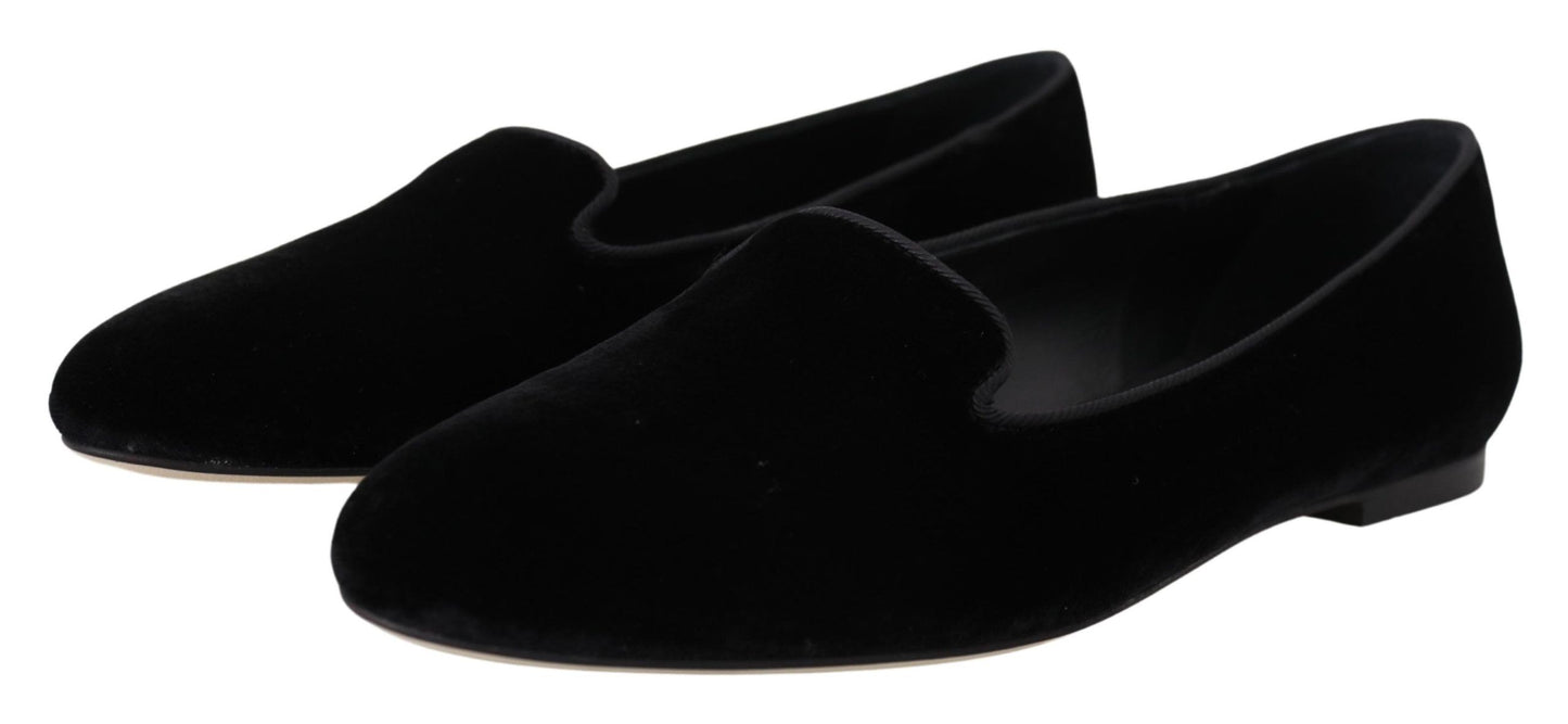 Dolce &amp; Gabbana Schwarze Samt-Slip-Ons-Loafer-Flats-Schuhe