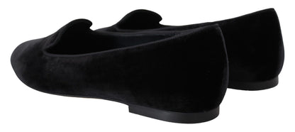 Dolce &amp; Gabbana Schwarze Samt-Slip-Ons-Loafer-Flats-Schuhe