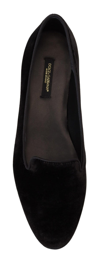 Dolce &amp; Gabbana Schwarze Samt-Slip-Ons-Loafer-Flats-Schuhe