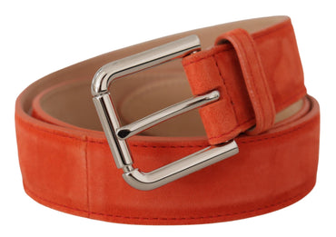 Dolce &amp; Gabbana Orangefarbener Leder-Wildleder-Silber-Logo-Metallschnallengürtel