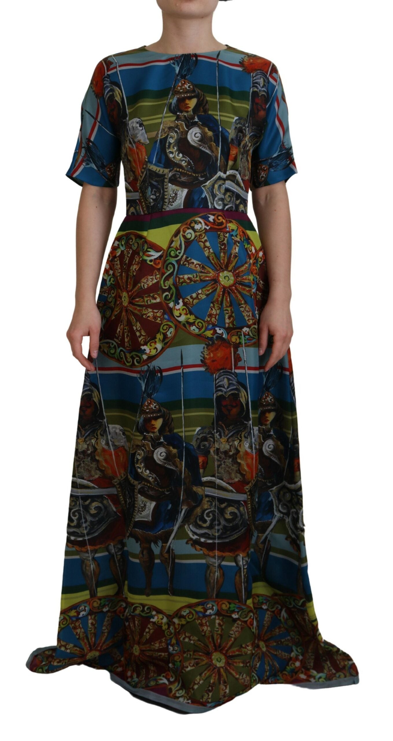 Mehrfarbiges langes A-Linien-Kleid aus sizilianischer Seide von Dolce &amp; Gabbana