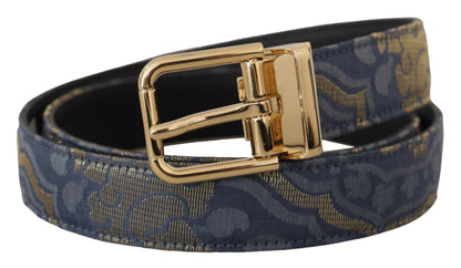 Dolce &amp; Gabbana Marineblauer Jacquard-Gürtel mit goldfarbener Logo-Metallschnalle