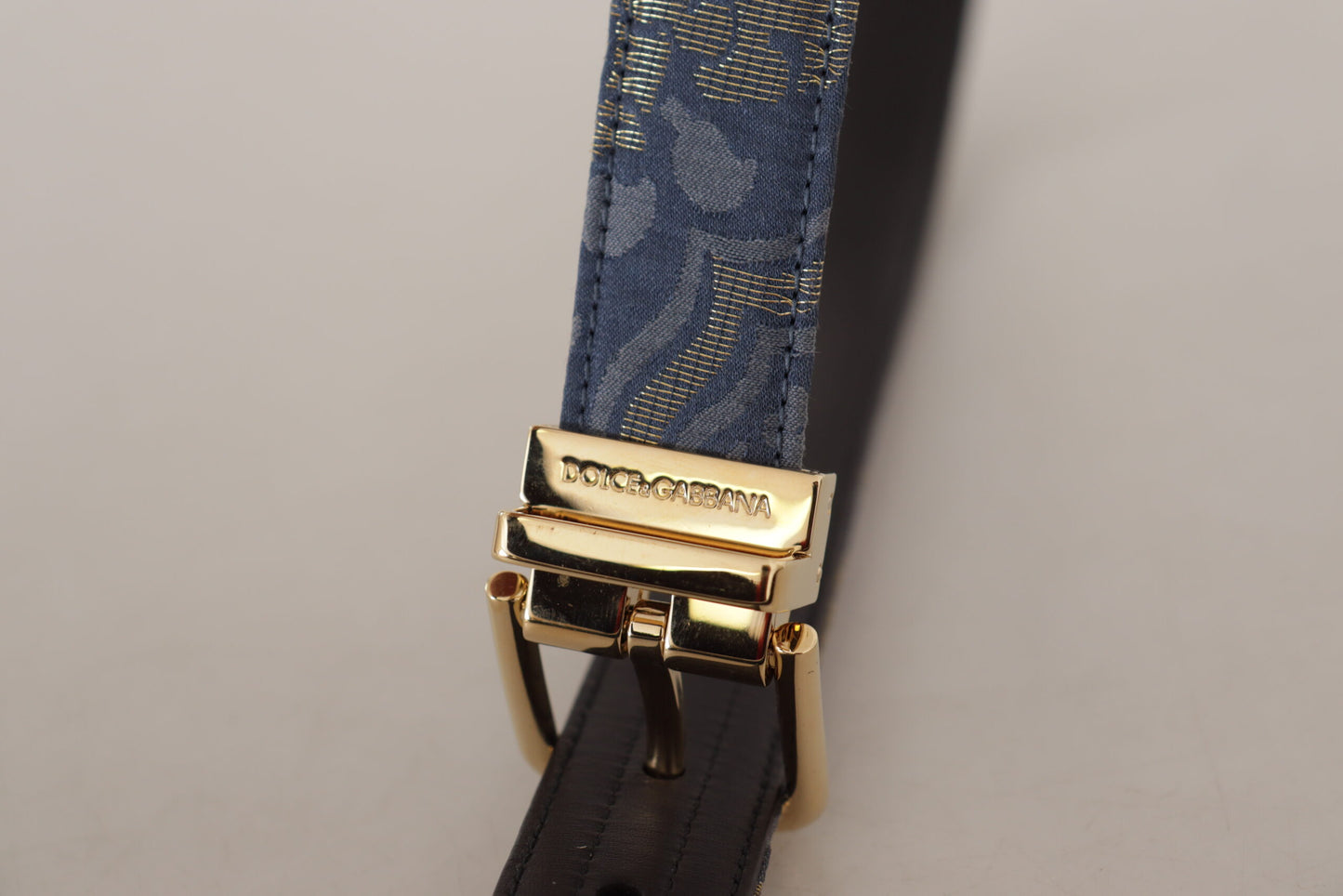 Dolce &amp; Gabbana Marineblauer Jacquard-Gürtel mit goldfarbener Logo-Metallschnalle