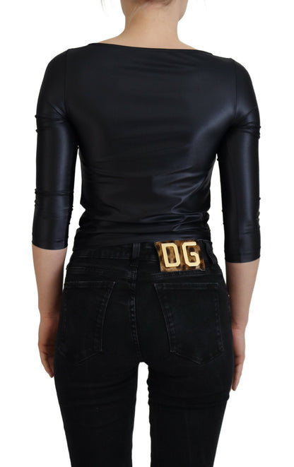 Dolce & Gabbana Elegant Black 3/4 Sleeve Top with Gold Detailing