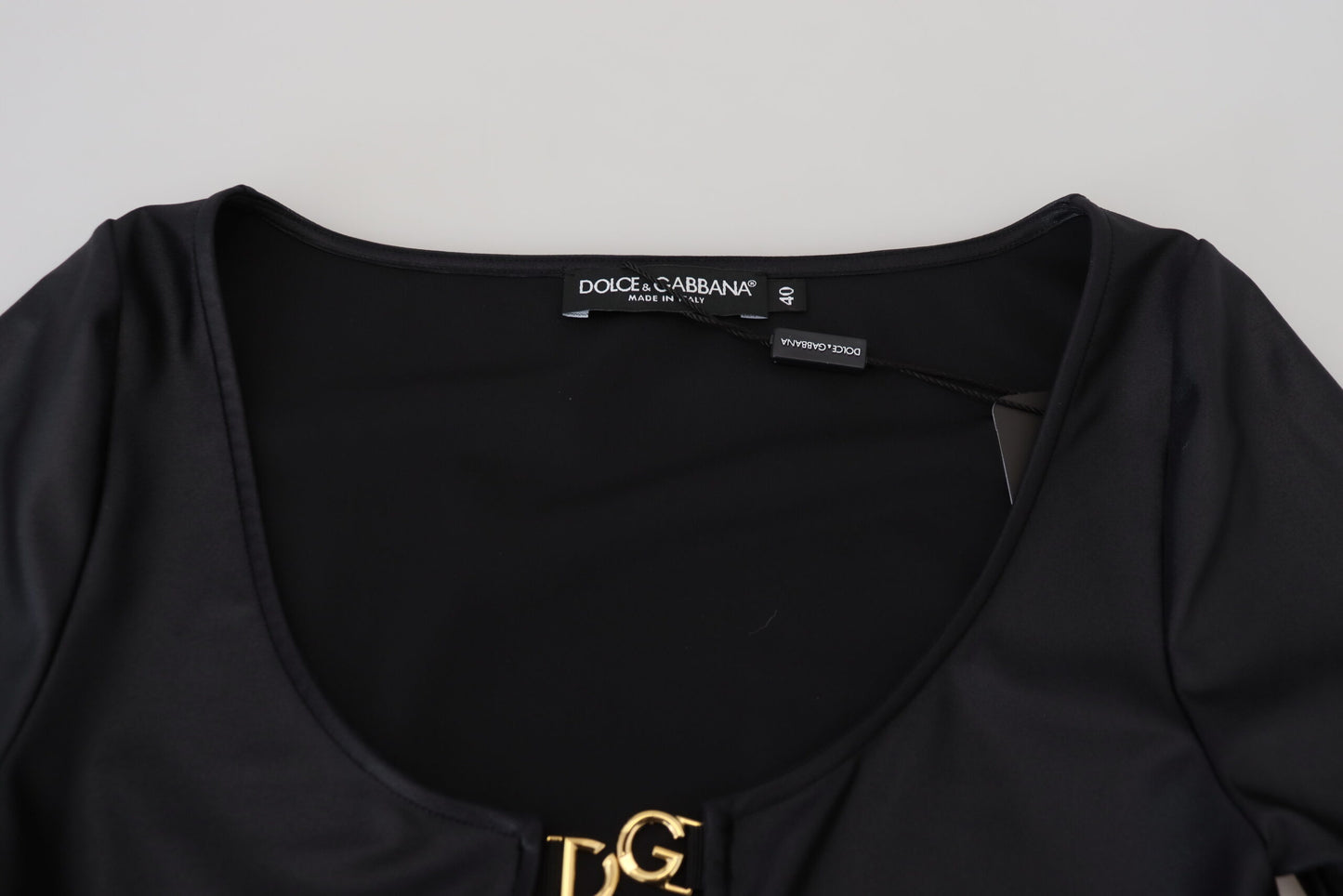 Dolce &amp; Gabbana Schwarzes Baumwoll-Stretch-Oberteil mit offener Brust und 3/4-Ärmeln