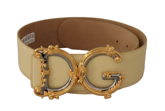 Dolce &amp; Gabbana Beiger Ledergürtel mit breiter Taille und barocker Schnalle mit DG-Logo