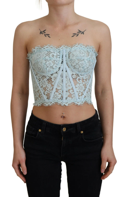 Blaues trägerloses Bustier-Crop-Top mit floraler Spitze von Dolce &amp; Gabbana