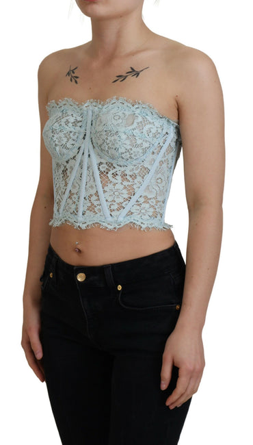 Blaues trägerloses Bustier-Crop-Top mit floraler Spitze von Dolce &amp; Gabbana