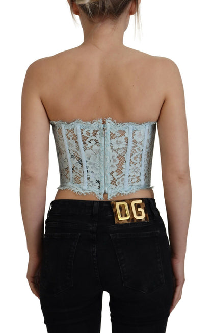 Blaues trägerloses Bustier-Crop-Top mit floraler Spitze von Dolce &amp; Gabbana