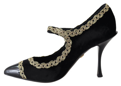 Dolce &amp; Gabbana Mary Janes-Pumps aus schwarzem Samt und Gold