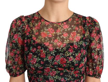 Dolce &amp; Gabbana Schwarzes A-Linien-Etuikleid mit floralen Rosen