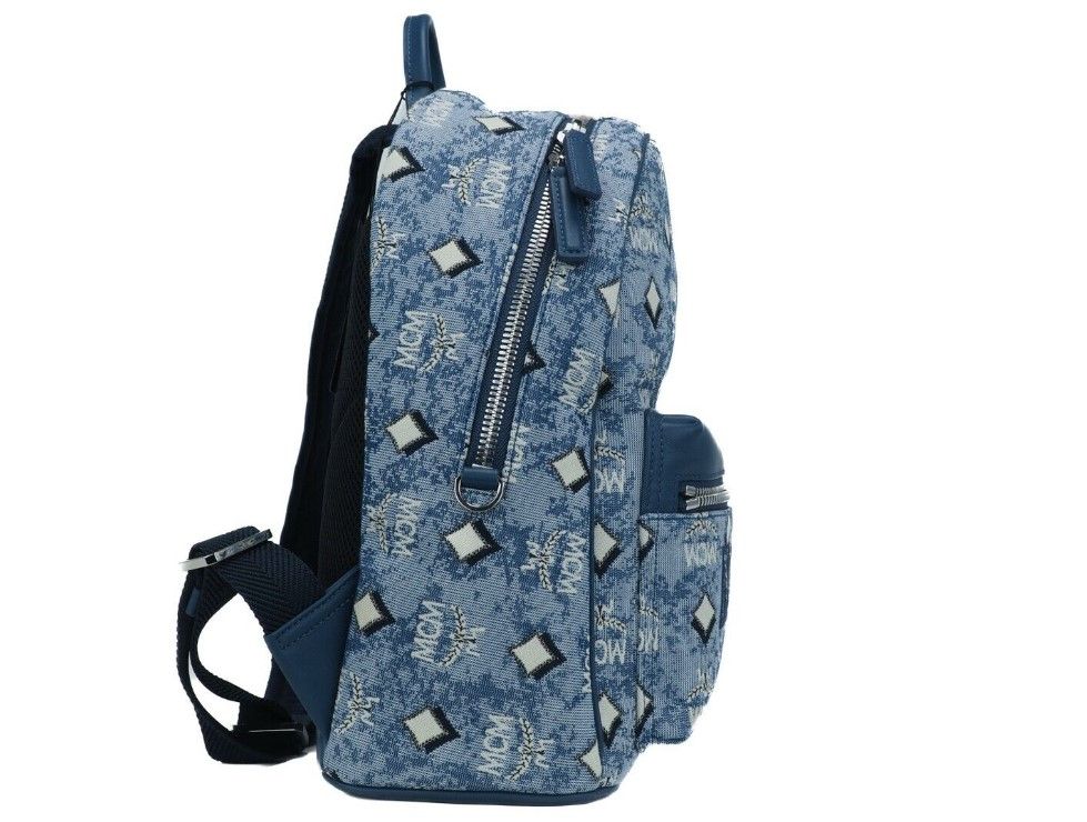 MCM Stark Kleiner blauer Vintage-Jacquard-Monogramm-Logo-Stoff-Rucksack, Büchertasche