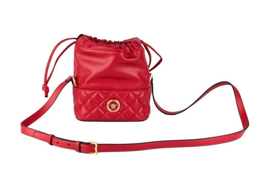 Versace Umhängetasche aus gestepptem Leder mit Kordelzug, Rot, Bucket-Crossbody-Handtasche