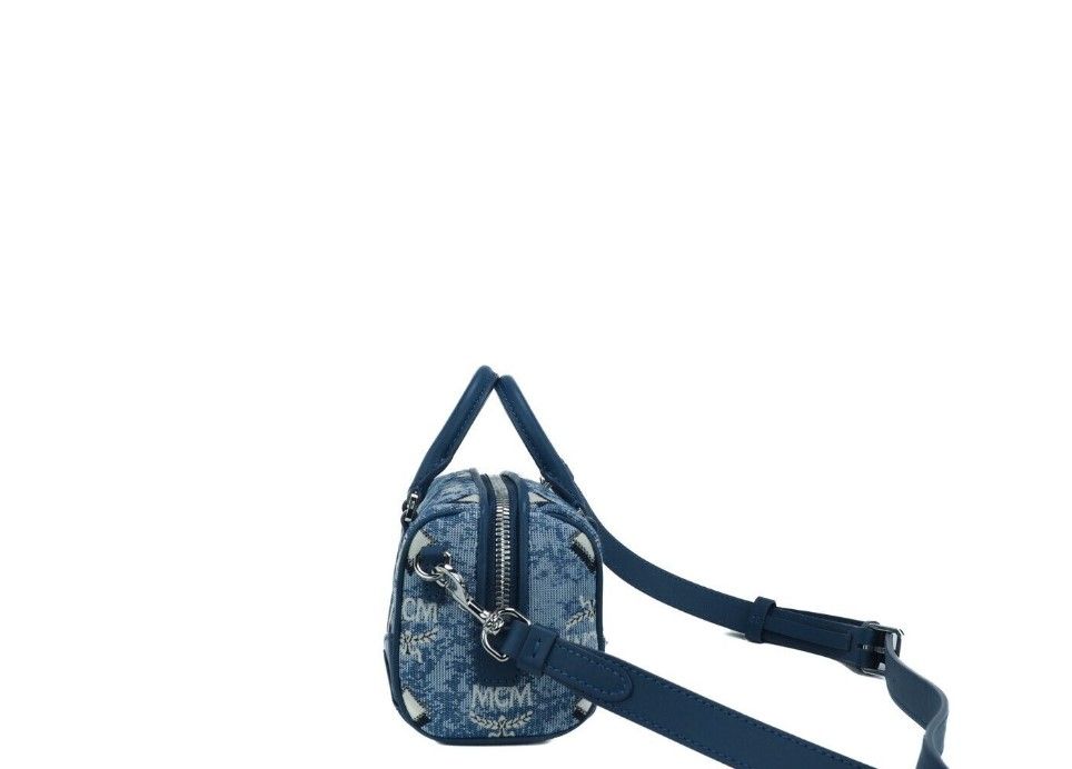 MCM Boston Mini Blue Vintage Jacquard Logo Stoff Satchel Umhängetasche