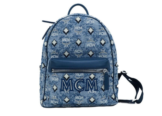 MCM Stark Kleiner blauer Vintage-Jacquard-Monogramm-Logo-Stoff-Rucksack, Büchertasche