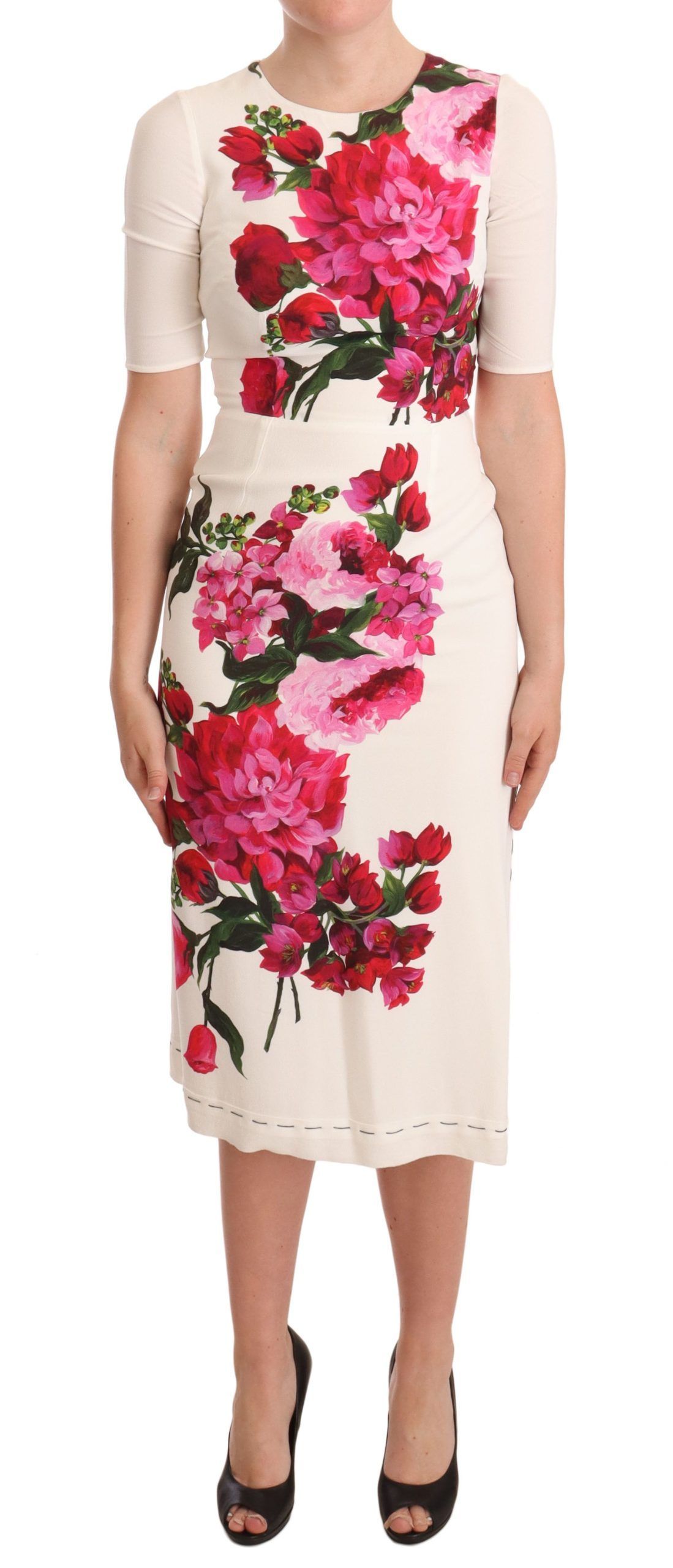 Dolce &amp; Gabbana Weißes, geblümtes Krepp-Midi-Schlitzkleid