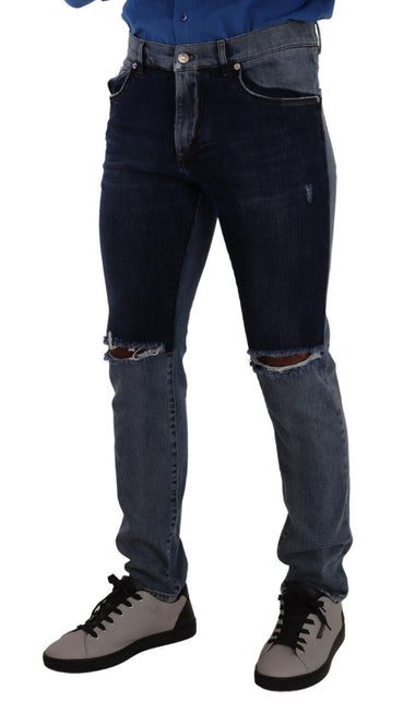 Dolce &amp; Gabbana Blaue, zweifarbige Slim-Denim-Jeans aus zerfetzter Baumwolle