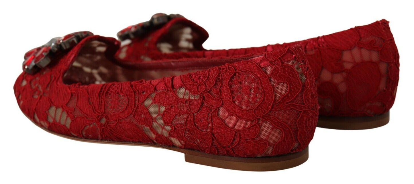 Dolce &amp; Gabbana Rote Spitze Kristall Ballerinas Loafers Schuhe