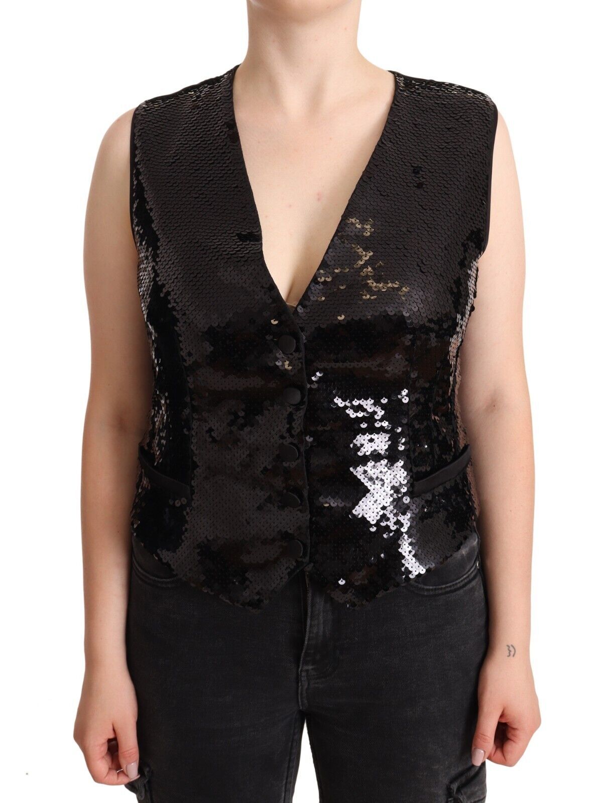 Dolce &amp; Gabbana Schwarzes, ärmelloses Tanktop mit Pailletten und V-Ausschnitt