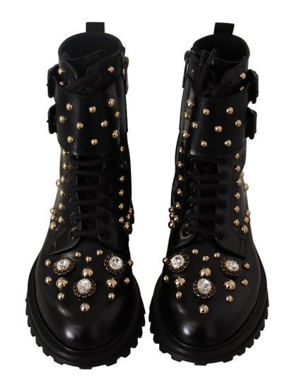 Dolce &amp; Gabbana Schwarze Lederstiefel mit Kristallverzierung