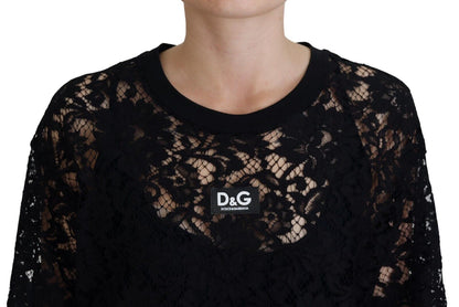 Dolce &amp; Gabbana Schwarzes Etuikleid aus Baumwolle mit floraler Spitze