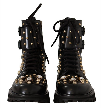 Dolce &amp; Gabbana Schwarze Lederstiefel mit Kristallverzierung