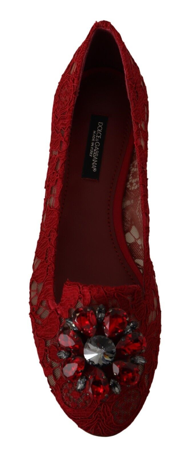 Dolce &amp; Gabbana Rote Spitze Kristall Ballerinas Loafers Schuhe