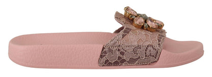 Dolce &amp; Gabbana Pink Lace Crystal Sandalen Slides Strandschuhe