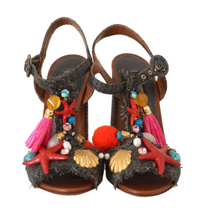 Dolce &amp; Gabbana MARINA Sea Star Sandalen aus grauem Stroh