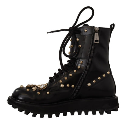 Dolce &amp; Gabbana Schwarze Lederstiefel mit Kristallverzierung