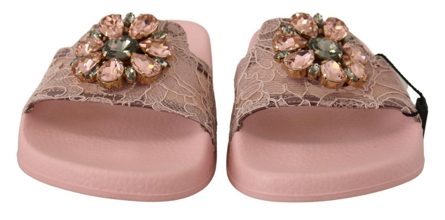 Dolce &amp; Gabbana Pink Lace Crystal Sandalen Slides Strandschuhe