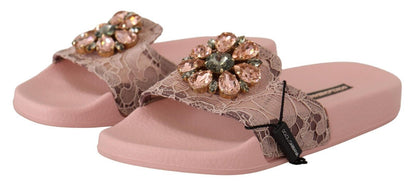 Dolce &amp; Gabbana Pink Lace Crystal Sandalen Slides Strandschuhe