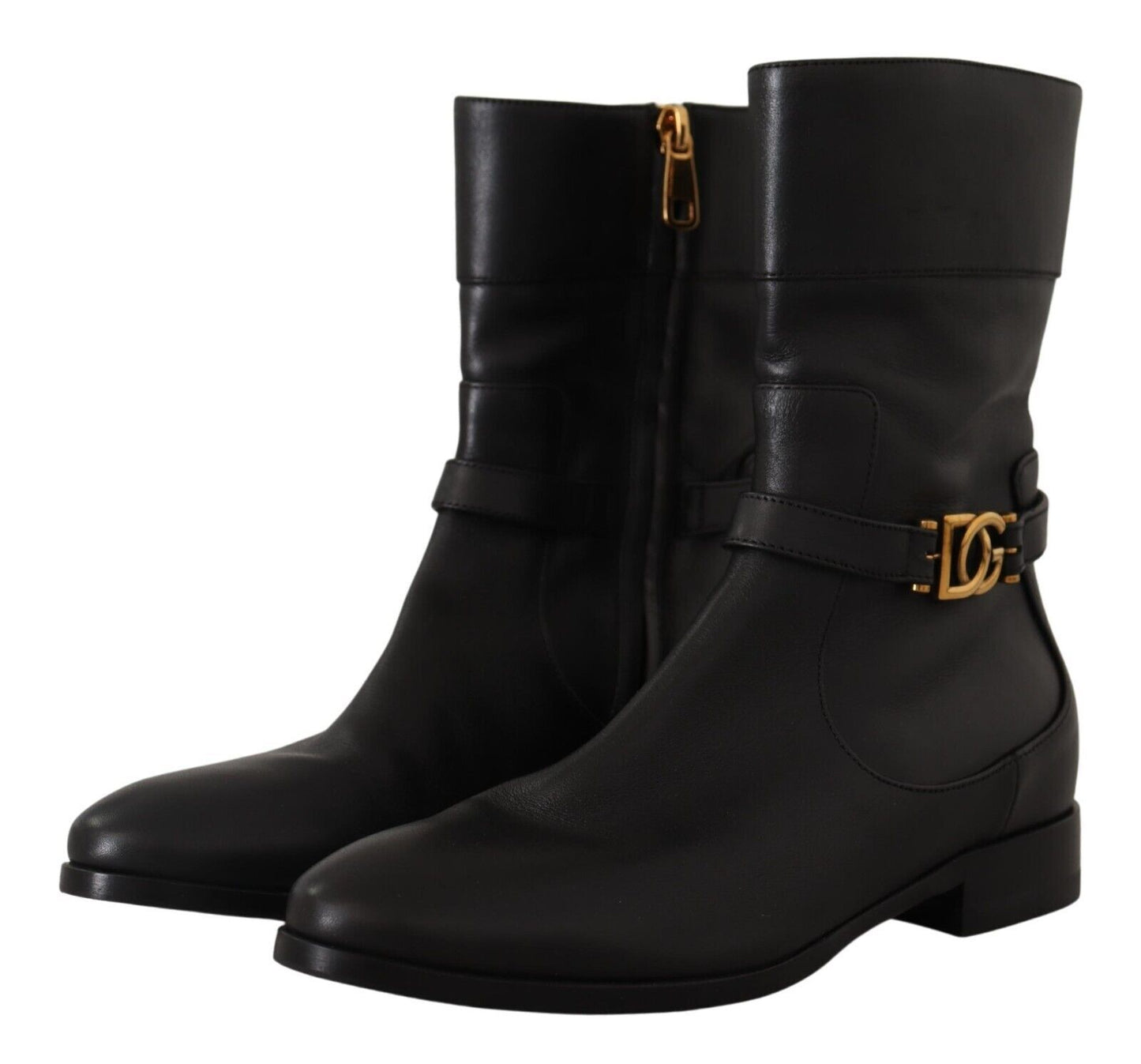 Dolce &amp; Gabbana Schwarze flache Lederstiefel mit Logo und kurzen Stiefeln