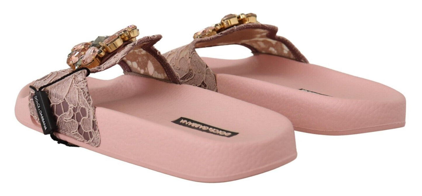 Dolce &amp; Gabbana Pink Lace Crystal Sandalen Slides Strandschuhe