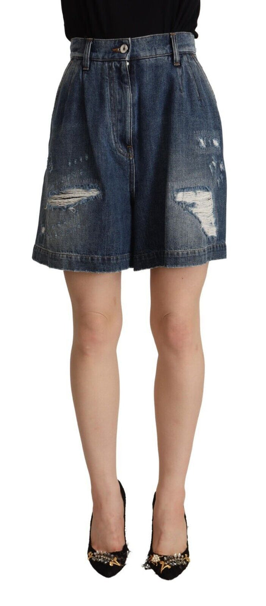 Dolce &amp; Gabbana Blaue Bermudashorts aus Baumwolle mit hoher Taille im Distressed-Look