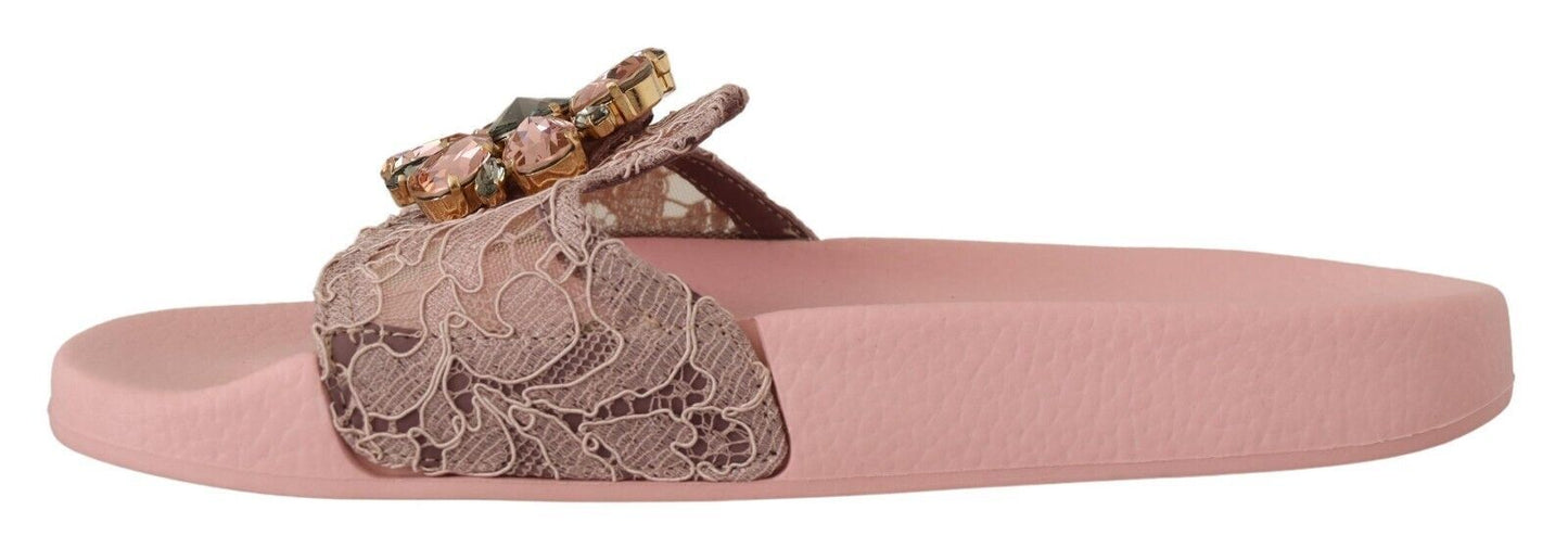 Dolce &amp; Gabbana Pink Lace Crystal Sandalen Slides Strandschuhe