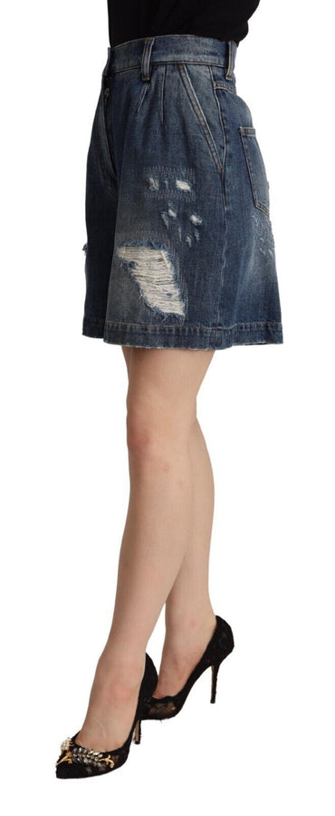 Dolce &amp; Gabbana Blaue Bermudashorts aus Baumwolle mit hoher Taille im Distressed-Look