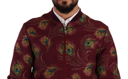 Dolce &amp; Gabbana – Rote Pfauen-Polyester-Stretch-Jacke mit durchgehendem Reißverschluss