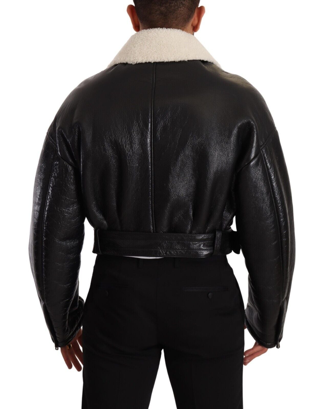 Dolce &amp; Gabbana Biker-Manteljacke aus schwarzem Lammfellleder