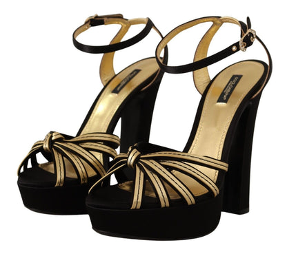 Dolce &amp; Gabbana Schwarzgoldene Viskose-Sandalen mit Knöchelriemen und Absatz